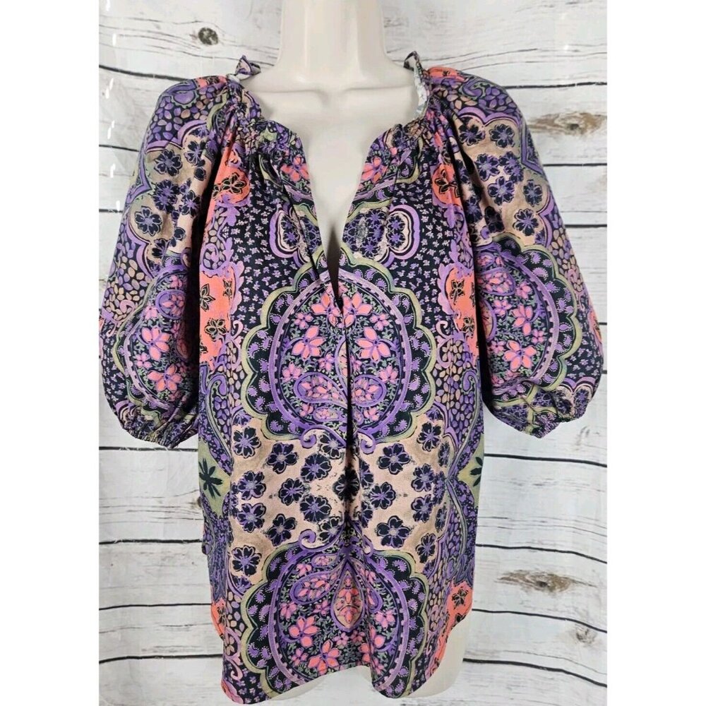 Xirena Floral Top XS Purple Red Puff Sleeves 100% Cotton V-Neck Womens